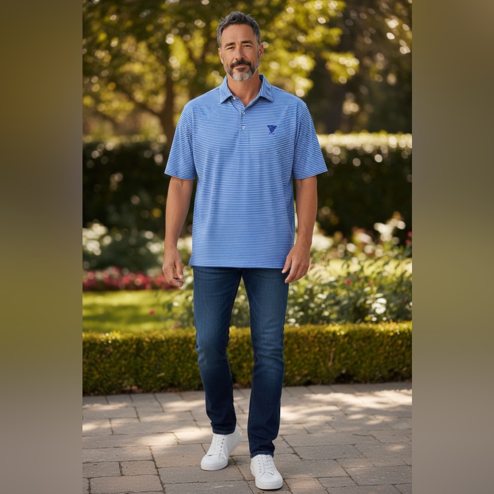 Donald Ross Men's Blue and White Striped Performance Golf Polo Shirt